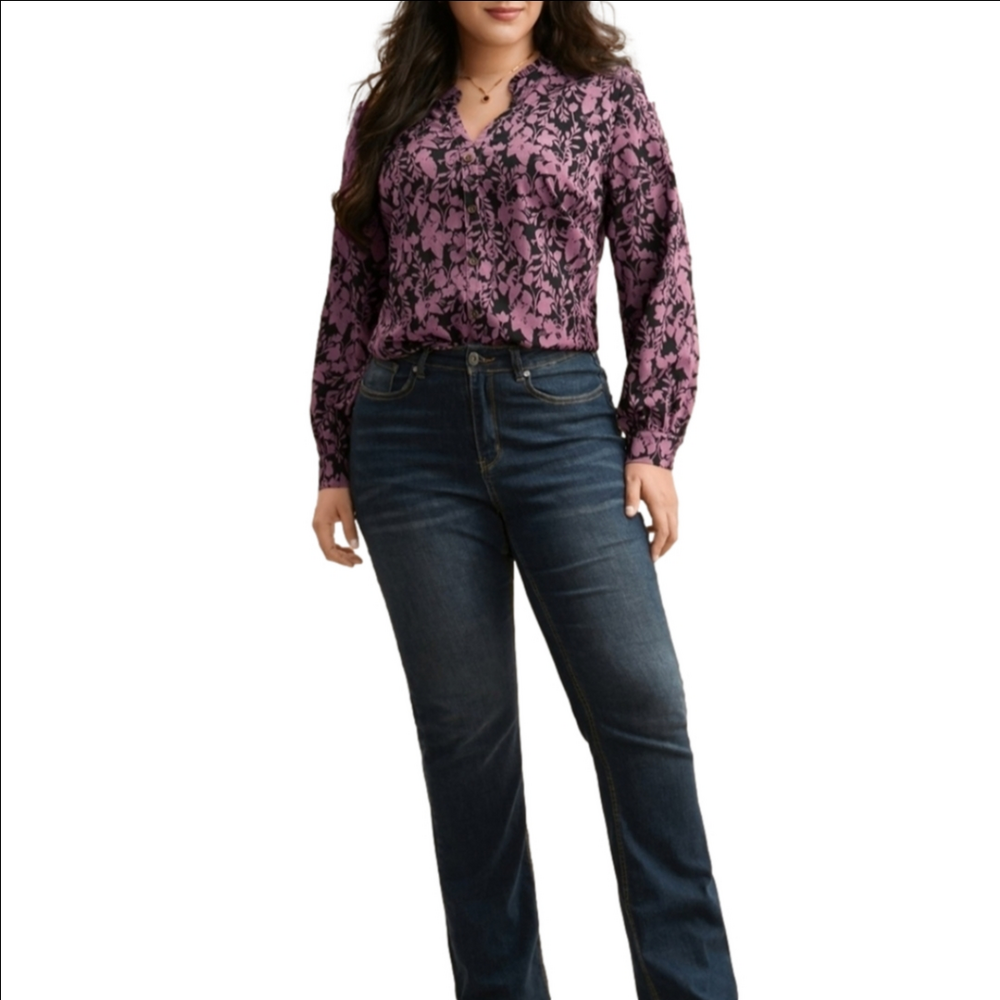 BloomChic Silhouette Floral Print Notched Frill Trim Blouse, Black Floral 14-16